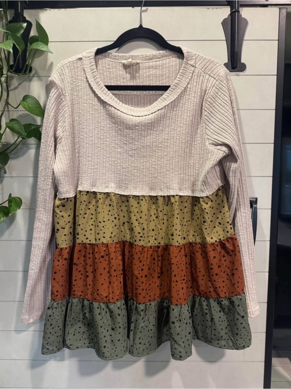 entro Ivory Ribbed Long Sleeve Tiered Top with Mustard, Rust & Olive Panels